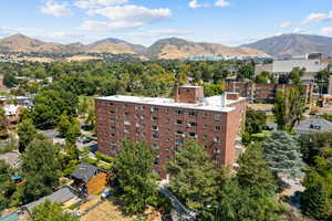 Bird's eye view of a mountainous background