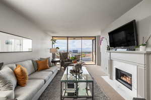 Carpeted living area with premium fireplace and views of the city