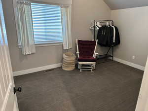 Living area featuring dark colored carpet and vaulted ceiling