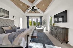 Master Bedroom featuring light colored carpet, ceiling fan, wooden ceiling, recessed lighting, and a raised ceiling
