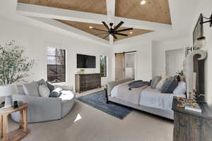 Master Bedroom with a barn door, a tray ceiling, a wooden ceiling with exposed beams, carpet, and recessed lighting