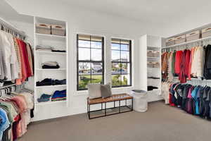 Master walk in closet featuring carpet floors