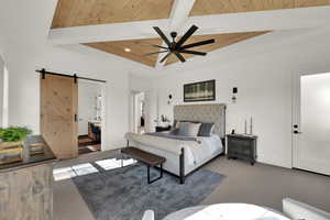 Master Bedroom featuring a barn door, a wood ceiling with exposed beams, a ceiling fan, ensuite bath, and recessed lighting
