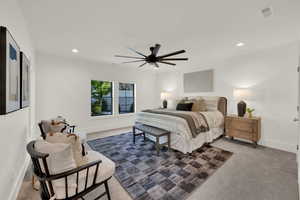 Bedroom with carpet floors, recessed lighting, and a ceiling fan