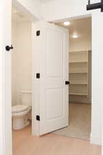 Bathroom featuring recessed lighting, light wood-style floors, and a walk in closet