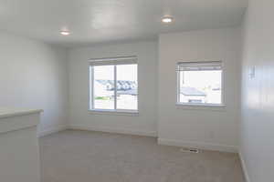 Spare room featuring light carpet, plenty of natural light, and recessed lighting