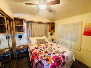 Bedroom with lofted ceiling, ceiling fan, ornamental molding, carpet flooring, and a closet