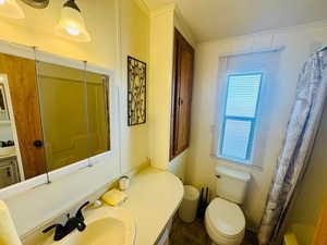 Bathroom featuring vanity and ornamental molding