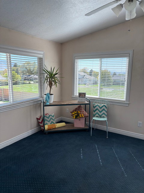 Sitting room with a textured ceiling, ceiling fan, dark colored carpet, and vaulted ceiling