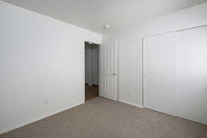 Unfurnished bedroom featuring carpet flooring, a closet, and a textured ceiling