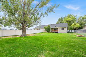 Back of house with a fenced backyard and a deck