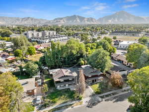 Aerial perspective of suburban area with mountains