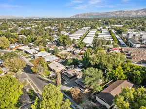 Aerial view of residential area with a mountain backdrop
