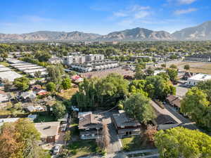 Aerial view of residential area with mountains