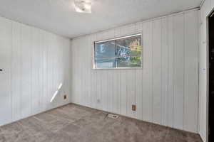 Carpeted empty room with wood walls and a textured ceiling