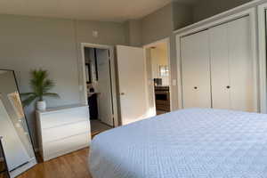 Bedroom featuring light wood-style flooring and a closet