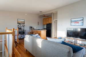 Living area featuring wood finished floors and a ceiling fan