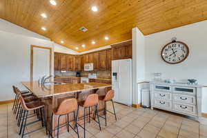 Kitchen featuring recessed lighting, tasteful backsplash, brown cabinets, wood ceiling, and a kitchen breakfast bar