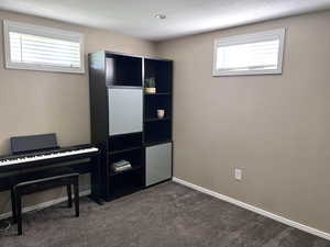 Living area featuring a textured wall, healthy amount of natural light, dark carpet, and a textured ceiling
