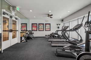 Workout area with recessed lighting, french doors, and a ceiling fan