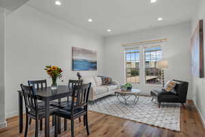 Dining area featuring recessed lighting and light wood-style floors