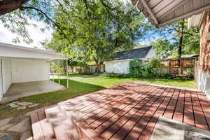 Deck with a fenced backyard and a patio