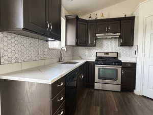 Kitchen with stainless steel range with gas stovetop, vaulted ceiling, dark wood-style floors, under cabinet range hood, and dishwasher