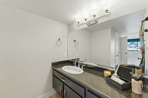 Primary bathroom featuring vanity and light wood-type flooring