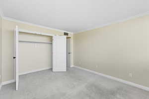 Unfurnished guest bedroom featuring ornamental molding, light colored carpet, a closet, and a textured ceiling