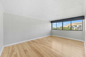 Primary bedroom with crown molding, wood finished floors, and a mountain view