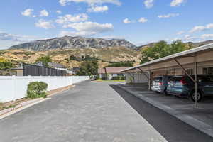 Covered parking lot with a mountain view