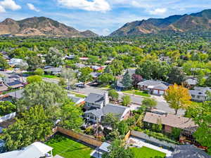 Aerial perspective of the suburban area surrounded by the Wasatch Rocky Mountains.