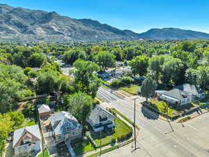 Aerial view of residential area with mountains
