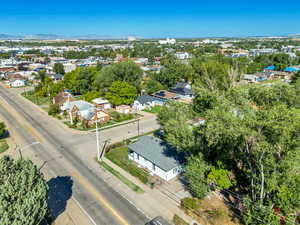 Aerial perspective of suburban area featuring mountains