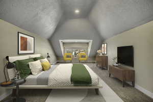 Bedroom featuring carpet flooring, a textured ceiling, vaulted ceiling, and recessed lighting