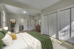 Bedroom featuring multiple closets, wood finished floors, and connected bathroom