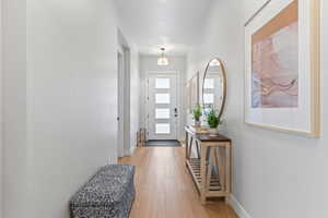 Entryway with baseboards and light wood finished floors