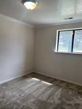 Carpeted spare room with a textured ceiling and ornamental molding