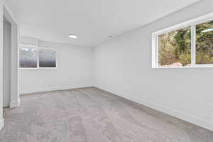 Unfurnished room with light carpet and baseboards