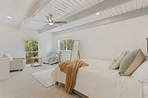 Bedroom featuring carpet flooring, ceiling fan, beamed ceiling, and recessed lighting