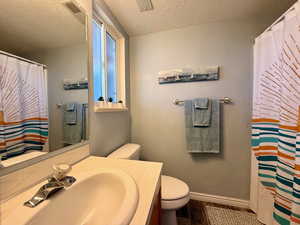 Bathroom featuring a shower with curtain, a textured ceiling, vanity, and dark wood-type flooring