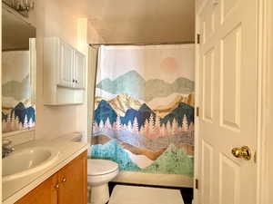 Full bathroom with vanity, a shower with shower curtain, and a textured ceiling