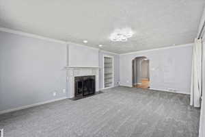 Living room includes curtains, new lighting, and a gas fireplace insert that was installed 5 years ago. Carpet replaced 2025