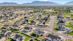 Aerial view of residential area with mountains