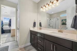 Primary Bedroom en suite Bathroom featuring plenty of natural light, double vanity, a stall shower, and light wood-style floors