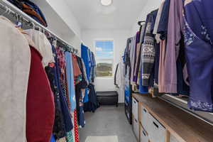 Primary Bedroom spacious walk in closet with light colored carpet