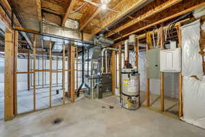 Unfinished basement featuring water heater, electric panel, and heating unit