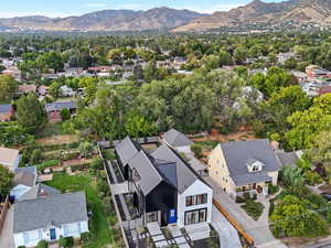 Aerial perspective of suburban area with mountains