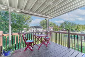 Wooden deck featuring a fenced backyard and a residential view