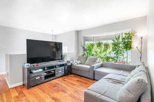 Living room featuring wood finished floors and a textured ceiling